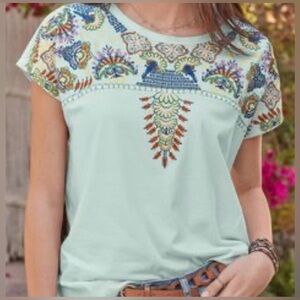 Sundance Size XL Light Blue Embroidered Short Sleeve Crew Neck Shirt Boho